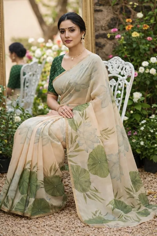 Linen_Cream_&_Green_Pan_Lotus_Saree_for_Women