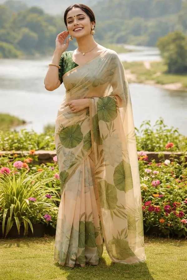 Linen_Cream_&_Green_Pan_Lotus_Saree_for_Women