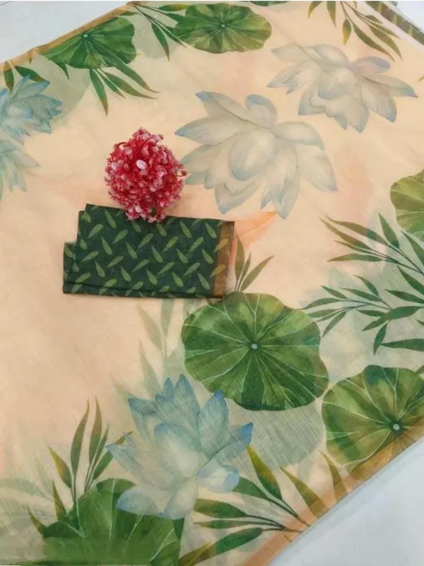 Linen_Cream_&_Green_Pan_Lotus_Saree_for_Women