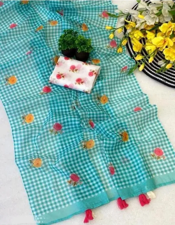 Light_Blue_Chex_Saree_for_Women