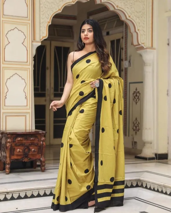 Linen_Yellow_Linen_Polka_Dotted_Saree_For_Women