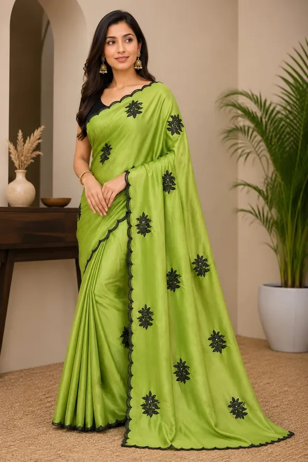 HAND_WASH_AND_MASHINE_WASH_Vastravedamtrendy_Green_Silk_Saree_Featuring_Black_Floral_Motifs_for_Women