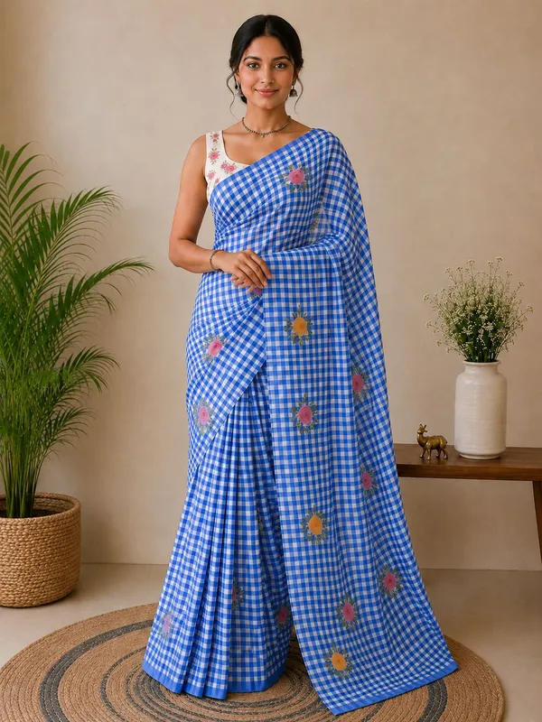 Truorigin_Checkered,_Digital_Print,_Floral_Print,_Self_Design,_Geometric_Print_Bollywood_Cotton_Linen,_Linen_Saree_for_Women