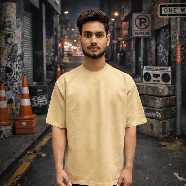 Biege_Graphic_Text_Design_Round_Neck_Half_Sleeve_Cotton_Blend_T_Shirt