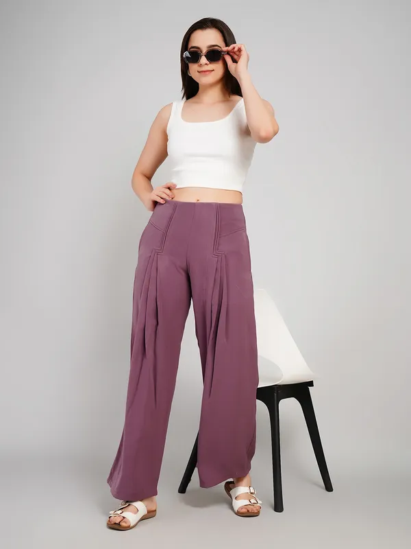 Purple_imported_polyster_Fabric_Wide_Leg_Trousers_For_Women