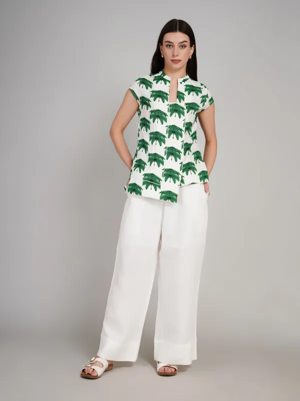 White_And_Green_Pure_Linen_Co_Ord_Set_For_Women