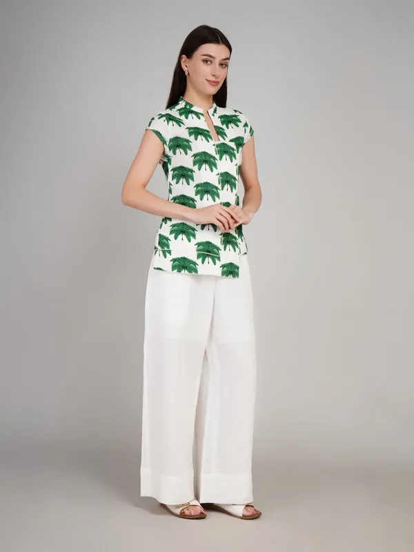 White_And_Green_Pure_Linen_Co_Ord_Set_For_Women
