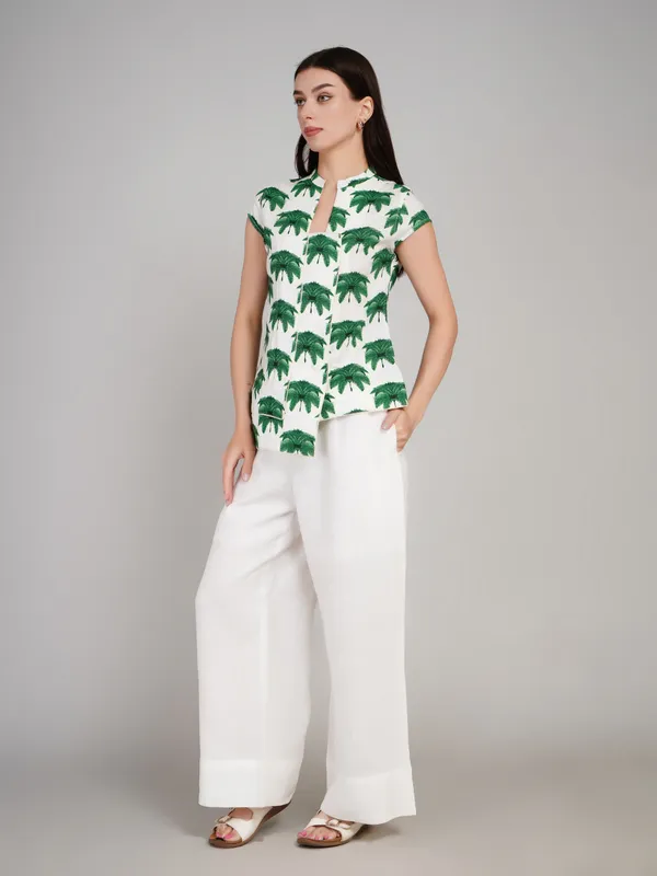 White_And_Green_Pure_Linen_Co_Ord_Set_For_Women