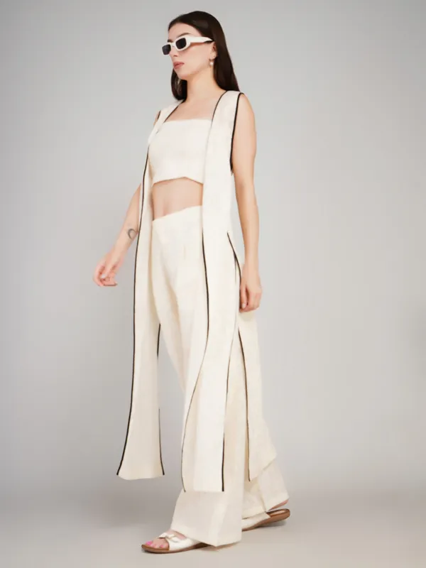 White_Cotton_Jacquard_Three_Piece_Dress_For_Women