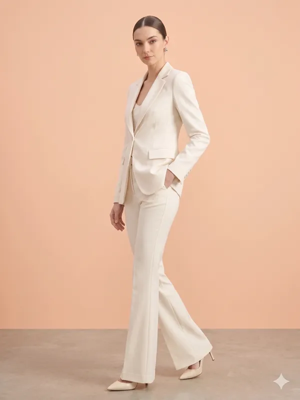 White_Imported_Crape_Single_Brested_Two_Piece_Blazer_Set_For_Women