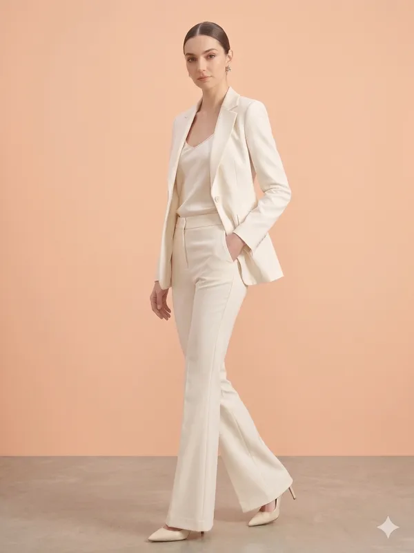 White_Imported_Crape_Single_Brested_Two_Piece_Blazer_Set_For_Women