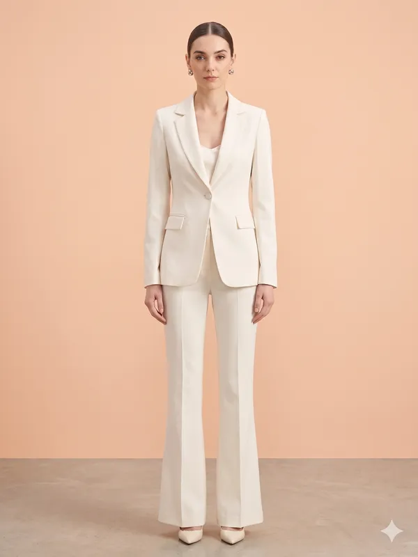 White_Imported_Crape_Single_Brested_Two_Piece_Blazer_Set_For_Women