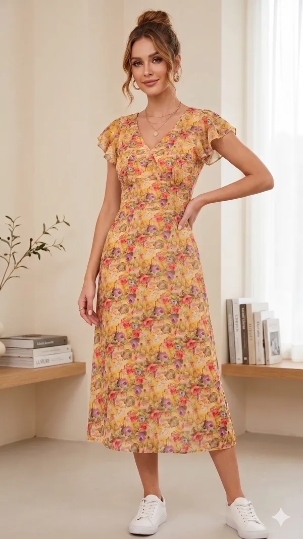 Yellow_floral_print_one_piece_dress