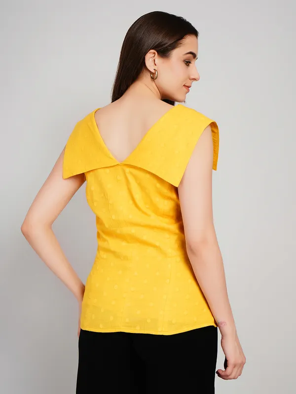 Yellow_Breathable_Pure_Cotton_Stylidh_Collar_Top_For_Women