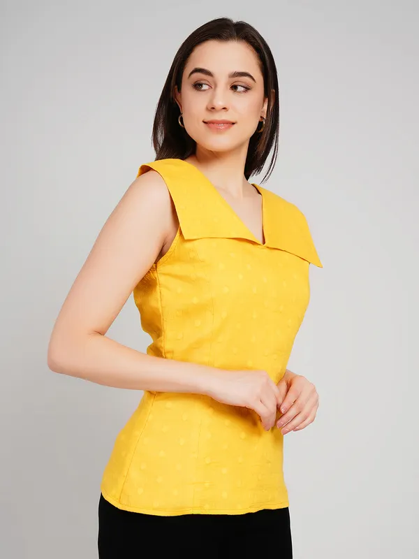 Yellow_Breathable_Pure_Cotton_Stylidh_Collar_Top_For_Women