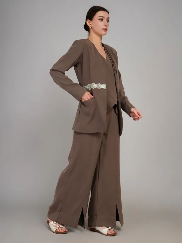 Brownish_Grey_Imported_Polyster_Three_Piece_Blazer_Set_For_Women