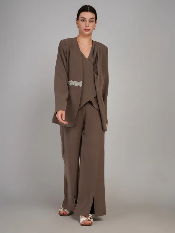 Brownish_Grey_Imported_Polyster_Three_Piece_Blazer_Set_For_Women