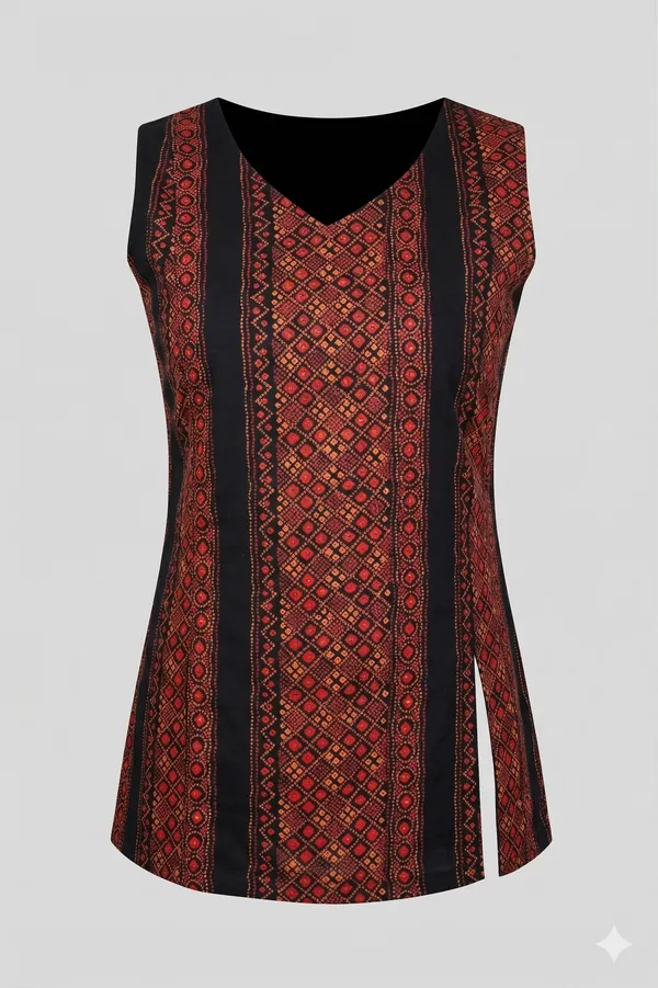 Brown_And_Black_Printed_Cotton_One_Side_Slit_Casual_Top