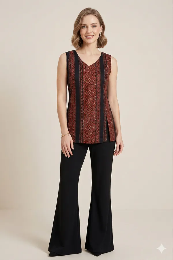 Brown_And_Black_Printed_Cotton_One_Side_Slit_Casual_Top