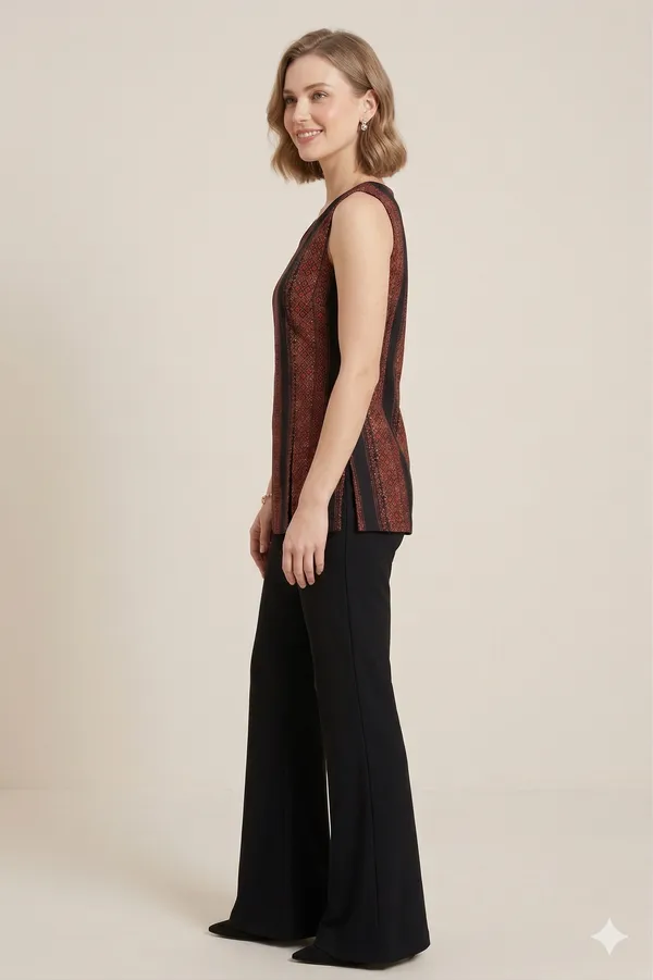 Brown_And_Black_Printed_Cotton_One_Side_Slit_Casual_Top