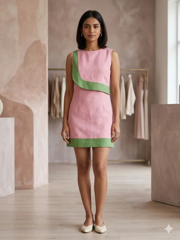 Pink_And_Green_Pure_Linen_One_Piece_For_Women