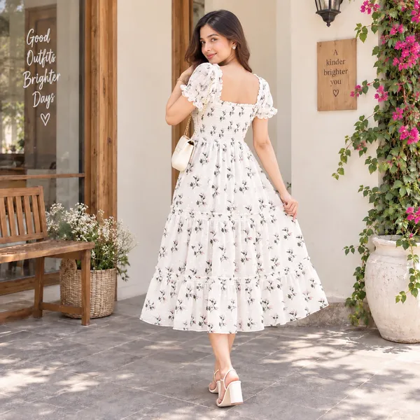 Women_White_Floral_Print_Chiffon_Fabric_Dreamy_Midi_Dress(Lily_Dress)