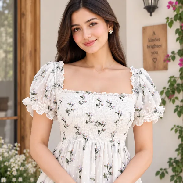 Women_White_Floral_Print_Chiffon_Fabric_Dreamy_Midi_Dress(Lily_Dress)