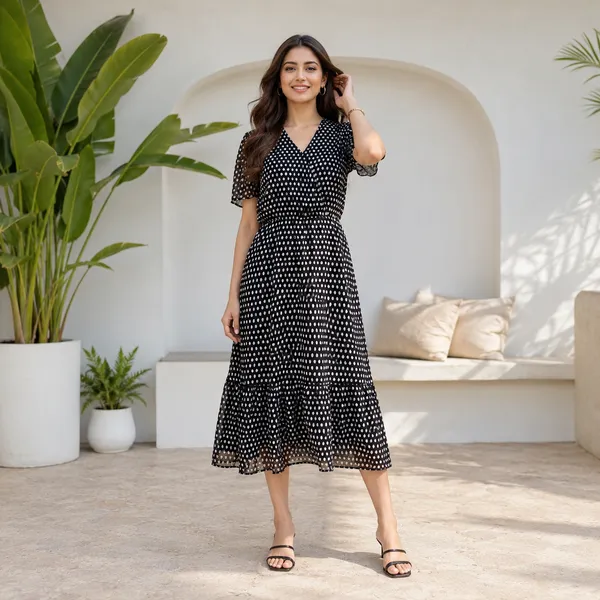 Women_Black_Color_Midi_Length_Metallic_Silver_Dot_Chiffon_Fabric_Designer_Dress(Polka_dot_Dress).