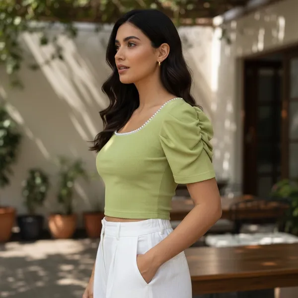 Women_Pearl_Neck_Green_Color_Crop_Top