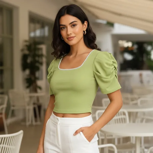 Women_Pearl_Neck_Green_Color_Crop_Top
