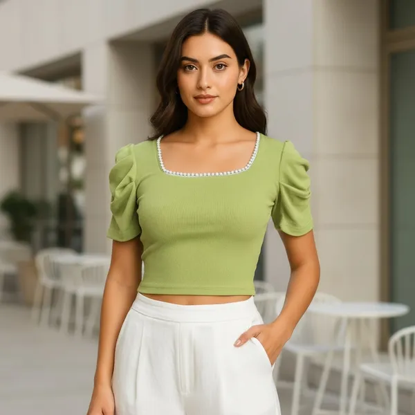Women_Pearl_Neck_Green_Color_Crop_Top