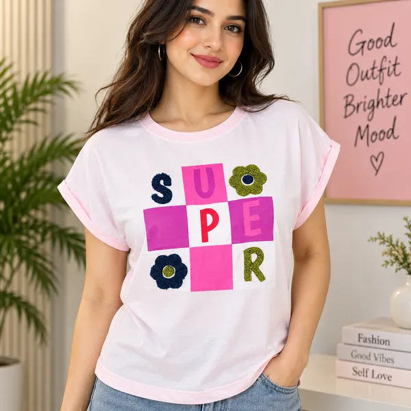 Women_Pink_Color_Cotton_Fabric_Thread_Patchwork_T-Shirt_(Super_T-Shirt)