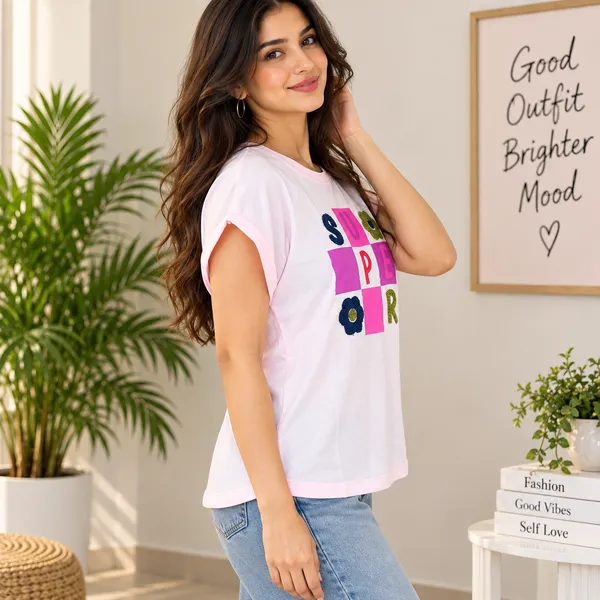 Women_Pink_Color_Cotton_Fabric_Thread_Patchwork_T-Shirt_(Super_T-Shirt)