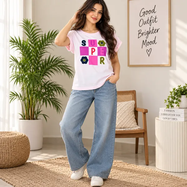 Women_Pink_Color_Cotton_Fabric_Thread_Patchwork_T-Shirt_(Super_T-Shirt)
