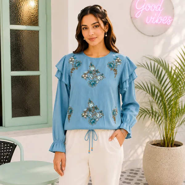 Women_Sage_Green_Color_Embroidered__Ruffle_Sleeve__IraTop