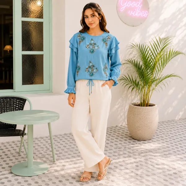 Women_Sage_Green_Color_Embroidered__Ruffle_Sleeve__IraTop