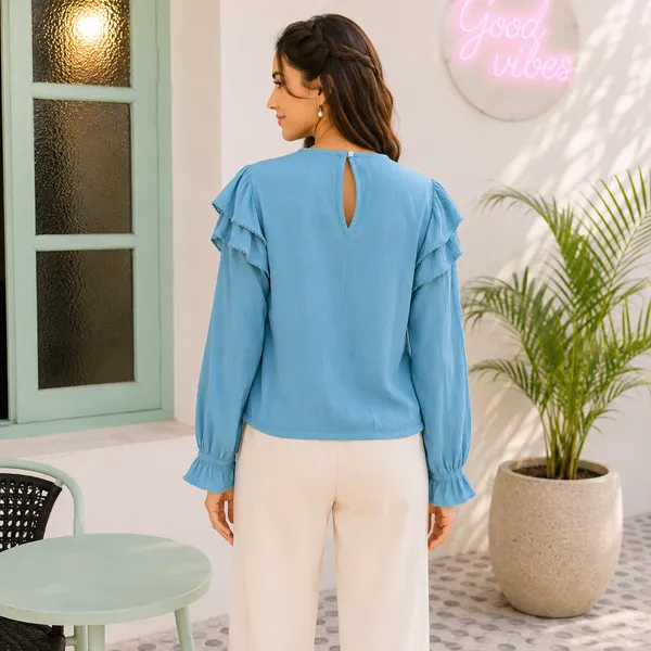 Women_Sage_Green_Color_Embroidered__Ruffle_Sleeve__IraTop