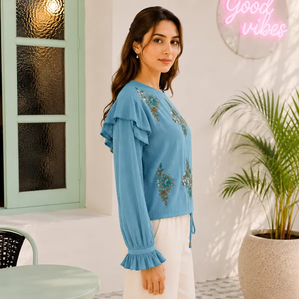 Women_Sage_Green_Color_Embroidered__Ruffle_Sleeve__IraTop
