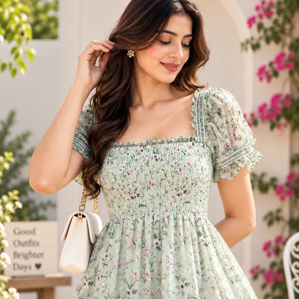 Women_Sage_Green_Color__Floral_Print_Chiffon_Fabric_Dreamy_Midi_Dress(Sage_Dress)