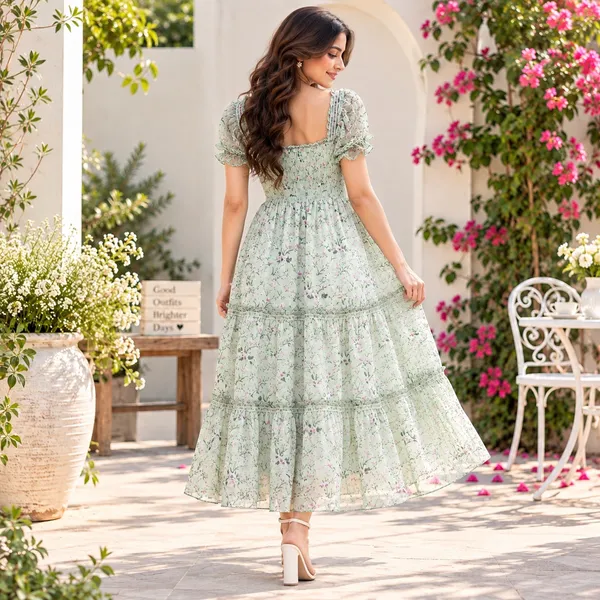 Women_Sage_Green_Color__Floral_Print_Chiffon_Fabric_Dreamy_Midi_Dress(Sage_Dress)