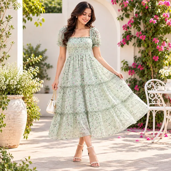Women_Sage_Green_Color__Floral_Print_Chiffon_Fabric_Dreamy_Midi_Dress(Sage_Dress)