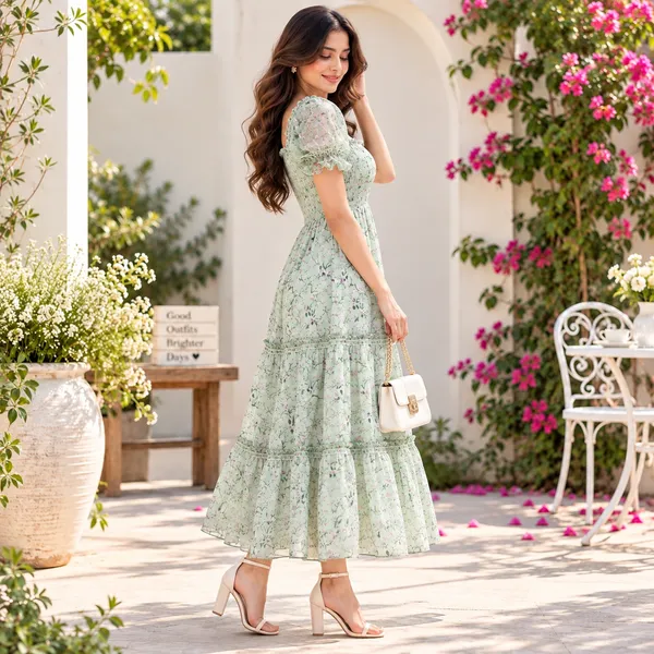 Women_Sage_Green_Color__Floral_Print_Chiffon_Fabric_Dreamy_Midi_Dress(Sage_Dress)