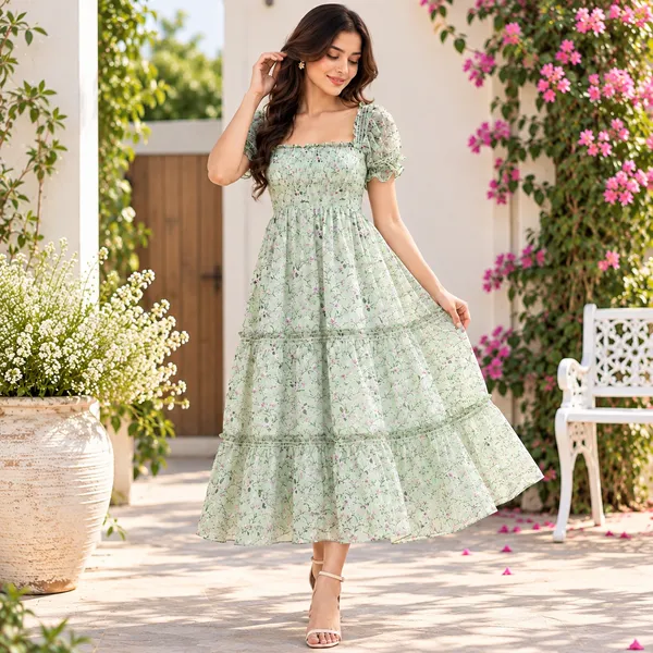 Women_Sage_Green_Color__Floral_Print_Chiffon_Fabric_Dreamy_Midi_Dress(Sage_Dress)