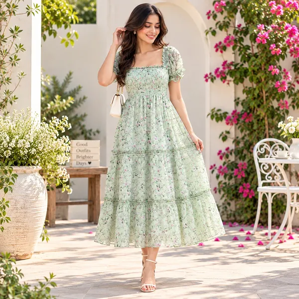 Women_Sage_Green_Color__Floral_Print_Chiffon_Fabric_Dreamy_Midi_Dress(Sage_Dress)