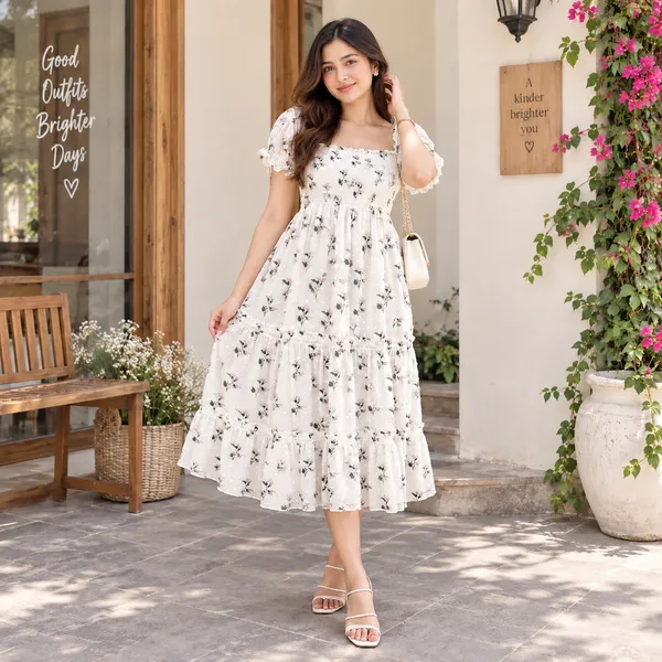 Women_White_Floral_Print_Chiffon_Fabric_Dreamy_Midi_Dress(Lily_Dress)