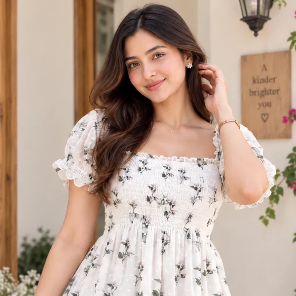 Women_White_Floral_Print_Chiffon_Fabric_Dreamy_Midi_Dress(Lily_Dress)