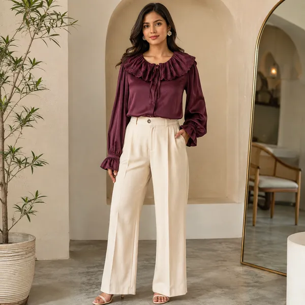 Women_Deep_Burgandy__Color_Satin__Fabric_Schiffli_Embroidered__Ruffle_Collar_Designer_Shirt(Aurelia_Top).