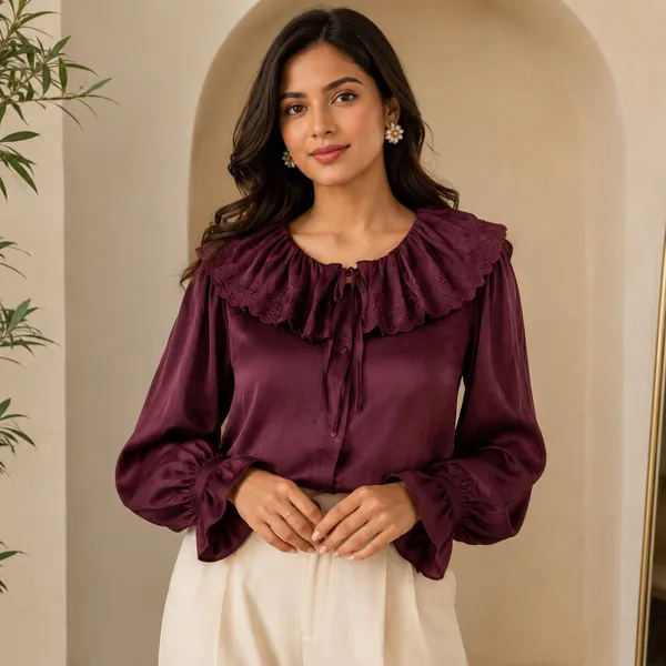 Women_Deep_Burgandy__Color_Satin__Fabric_Schiffli_Embroidered__Ruffle_Collar_Designer_Shirt(Aurelia_Top).