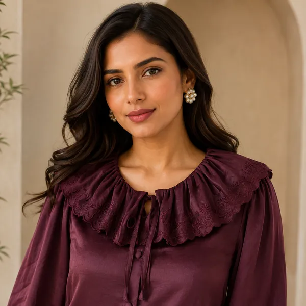 Women_Deep_Burgandy__Color_Satin__Fabric_Schiffli_Embroidered__Ruffle_Collar_Designer_Shirt(Aurelia_Top).