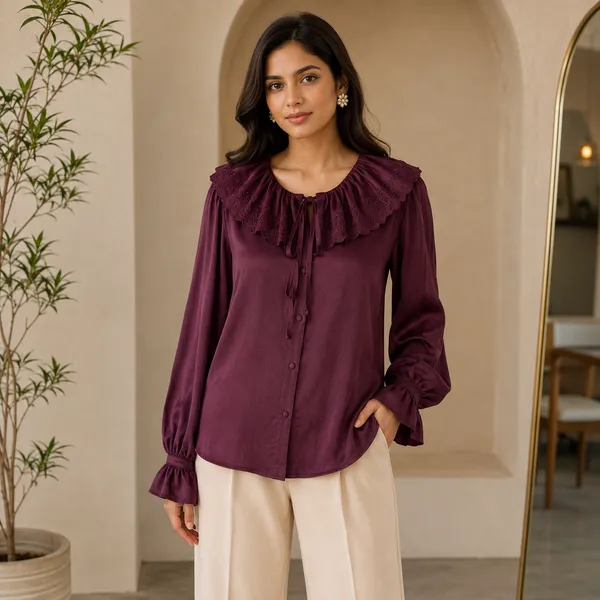 Women_Deep_Burgandy__Color_Satin__Fabric_Schiffli_Embroidered__Ruffle_Collar_Designer_Shirt(Aurelia_Top).